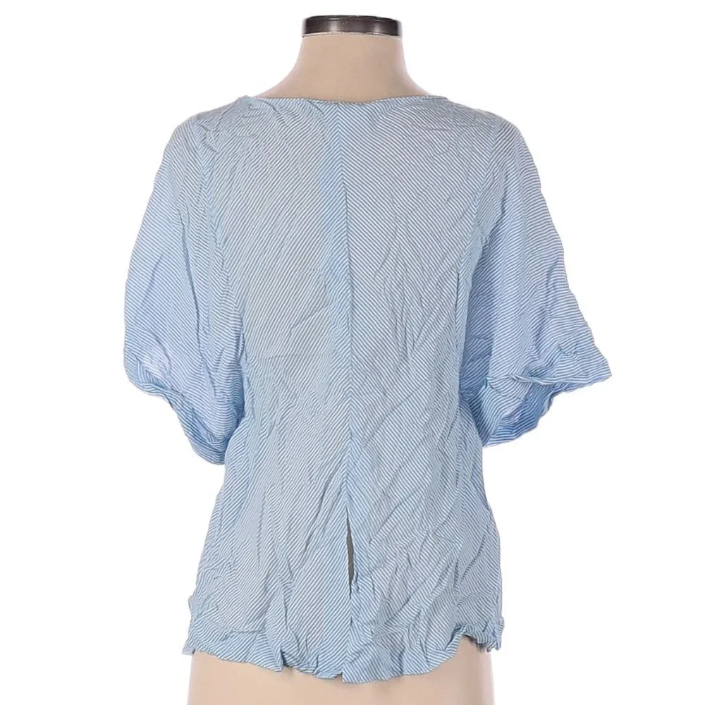 Zara Womens Sz Small Short Puff Sleeve Blouse Light Blue White Stripes Slit Back